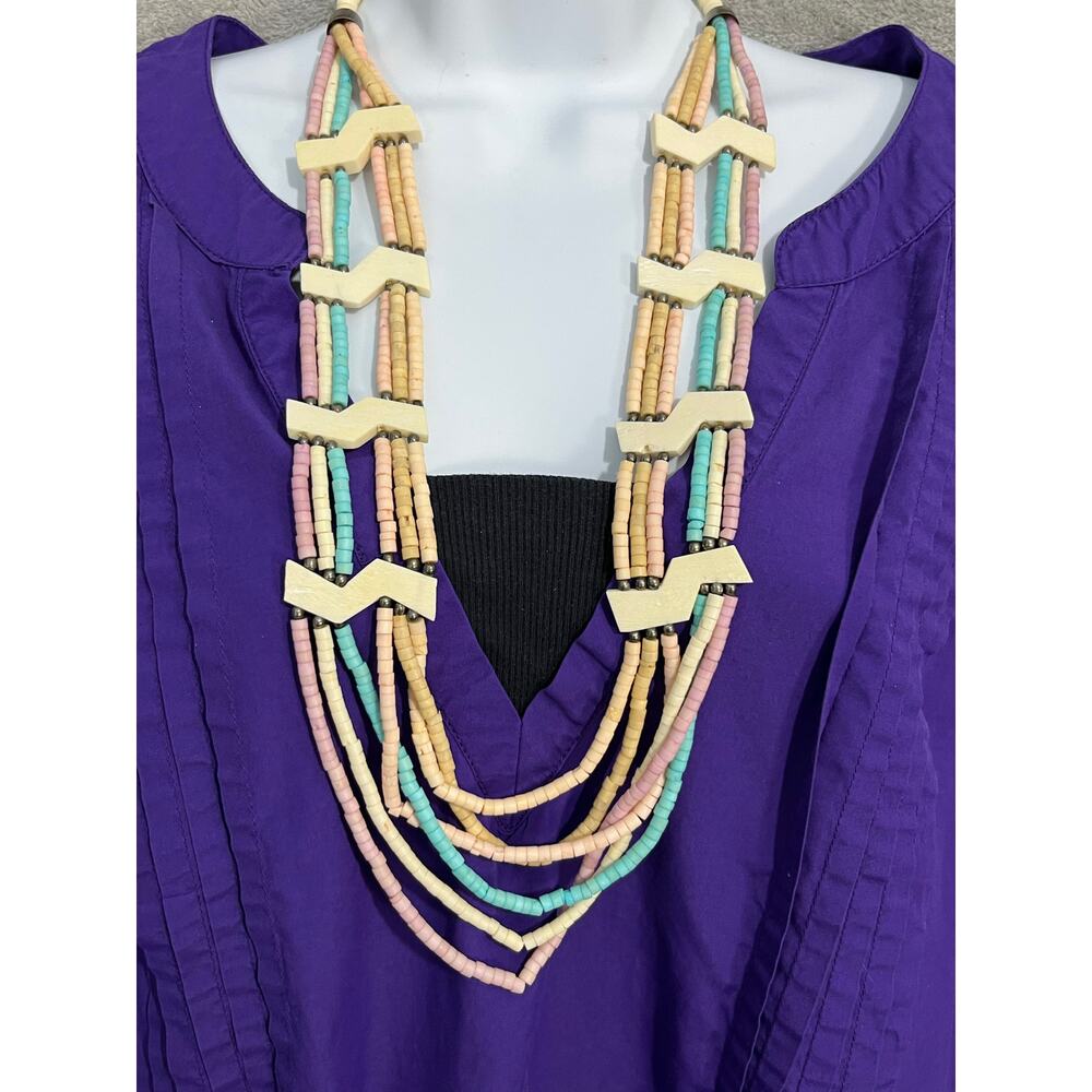 VTG 80s Bib Multi Strand Beaded Necklace Pastel Heishi Boho Statement Western